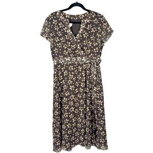 Talbots Dress Women 12P Brown Floral Silk Faux Wrap Tie Short Sleeve V-Neckline